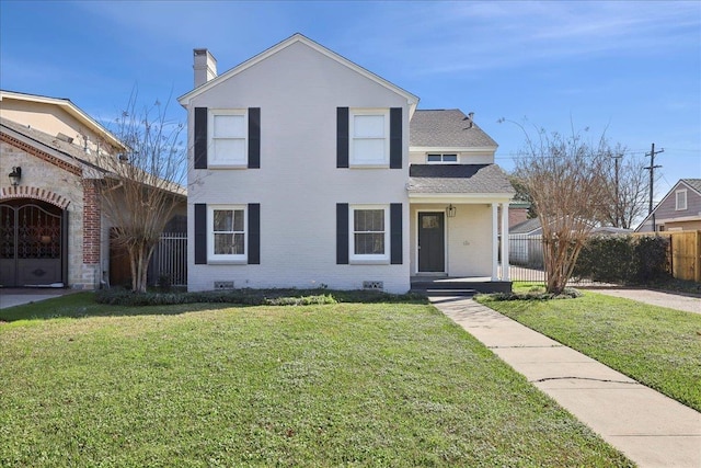 traditional home featuring brick siding, fence, crawl space, a front lawn, and a chimney