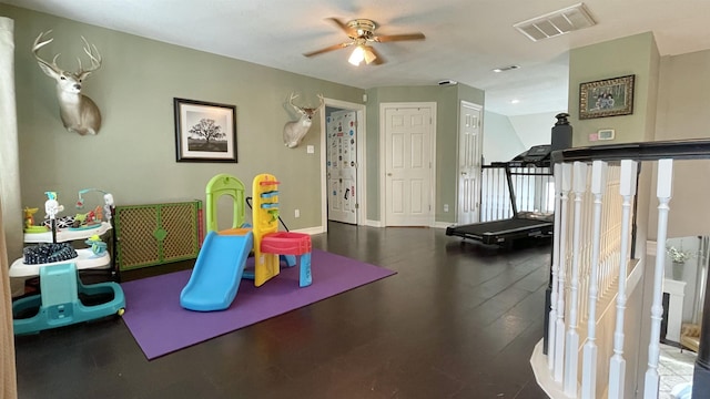 playroom featuring ceiling fan and hardwood / wood-style floors