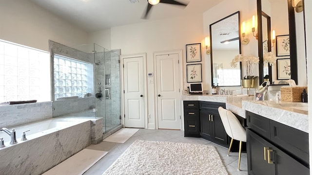 bathroom featuring vanity, tile patterned floors, independent shower and bath, and ceiling fan