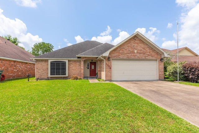 ranch-style house featuring a front lawn, brick siding, roof with shingles, concrete driveway, and an attached garage