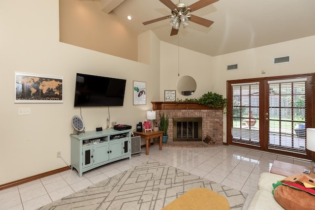 living area featuring light tile patterned flooring, high vaulted ceiling, a ceiling fan, baseboards, and french doors