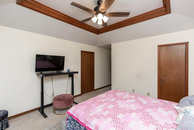bedroom with crown molding, a ceiling fan, light colored carpet, and baseboards