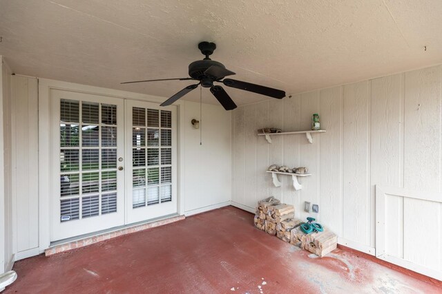view of patio / terrace featuring a ceiling fan and french doors