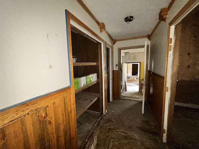 hall with ornamental molding, a wainscoted wall, wood walls, and a textured ceiling