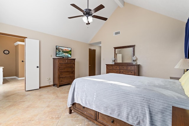 tiled bedroom with beamed ceiling, ceiling fan, and high vaulted ceiling