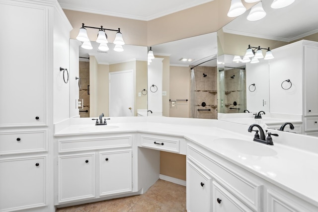 bathroom featuring tile patterned floors, vanity, ornamental molding, and walk in shower