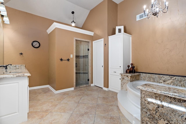 bathroom featuring tile patterned floors, vanity, an inviting chandelier, plus walk in shower, and lofted ceiling