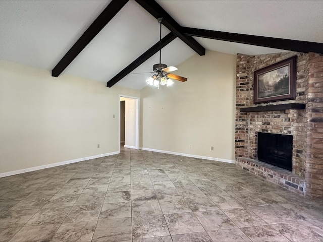 unfurnished living room with a brick fireplace, vaulted ceiling with beams, and ceiling fan