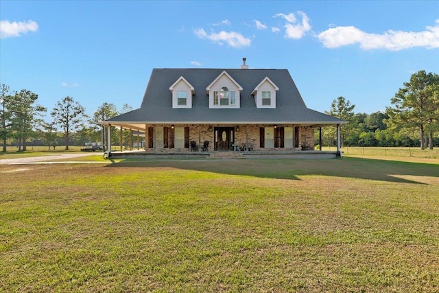 farmhouse featuring covered porch and a front lawn