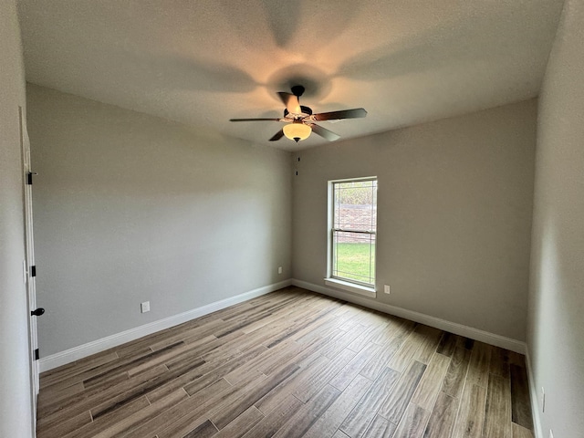 unfurnished room with ceiling fan and light wood-type flooring