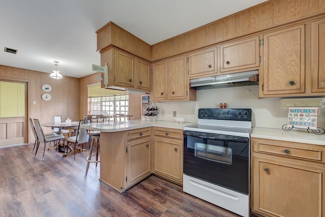 kitchen featuring white electric range oven, dark hardwood / wood-style floors, and kitchen peninsula