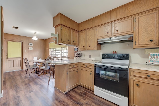 kitchen with kitchen peninsula, dark hardwood / wood-style floors, and white range with electric cooktop