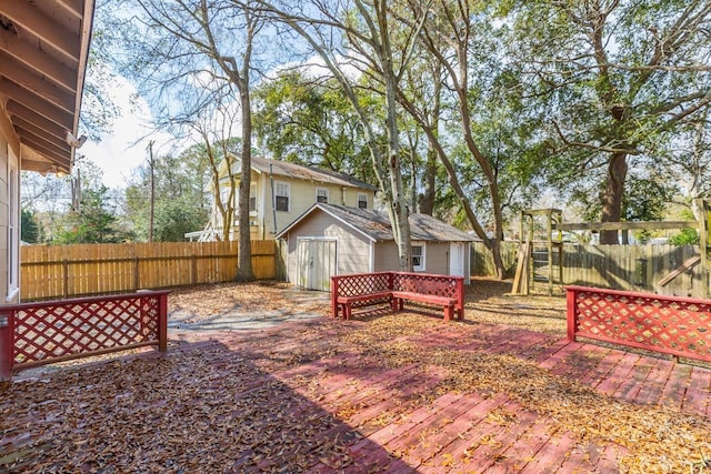 exterior space with a shed