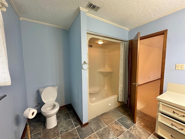 full bathroom featuring shower / bath combination with curtain, a textured ceiling, toilet, vanity, and ornamental molding