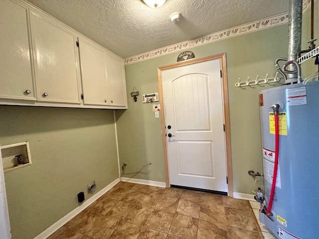 laundry room featuring electric dryer hookup, cabinets, gas water heater, washer hookup, and a textured ceiling