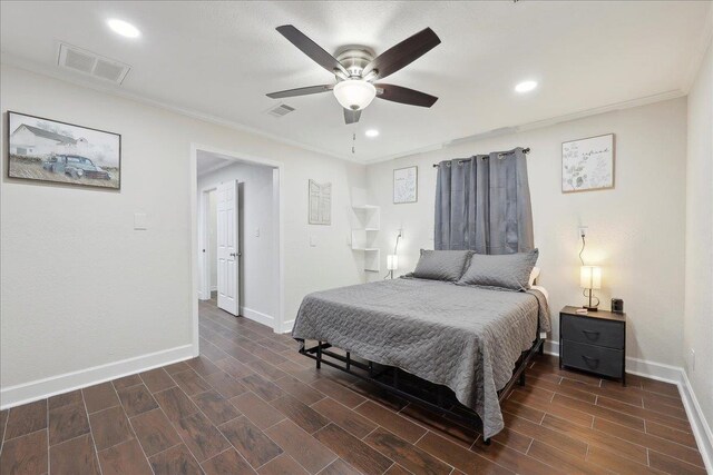 11503 Davidson Rd, Beaumont, TX 77705 - bedroom featuring recessed lighting, ornamental molding, dark wood finished floors, and ceiling fan