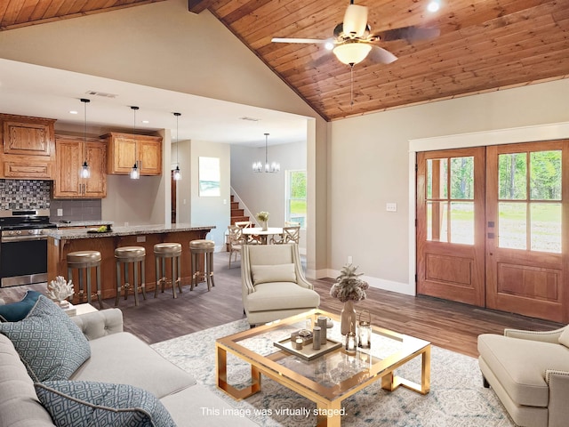 living area with dark wood-type flooring, visible vents, and wood ceiling
