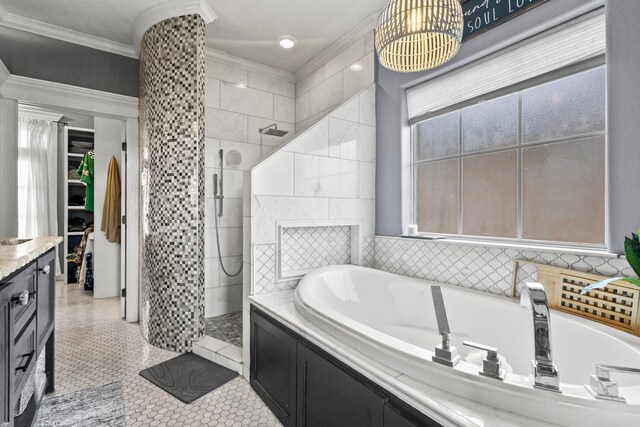 220 Idylwild Dr, Sour Lake, TX 77659 - bathroom with ornamental molding, tiled shower, a garden tub, and vanity