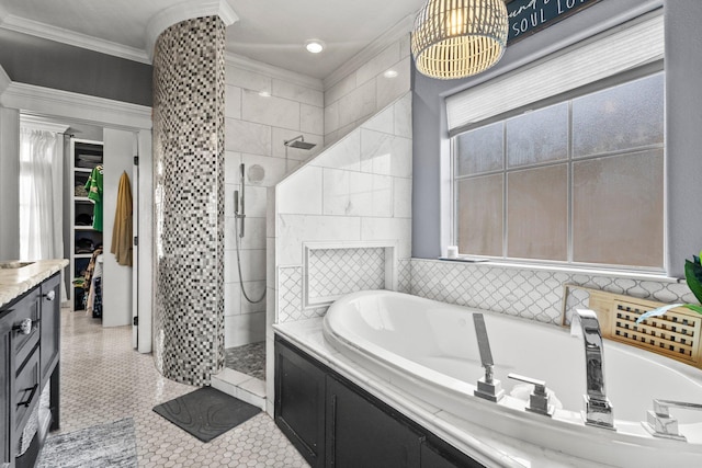220 Idylwild Dr, Sour Lake, TX 77659 - full bathroom with vanity, ornamental molding, a tile shower, and a garden tub