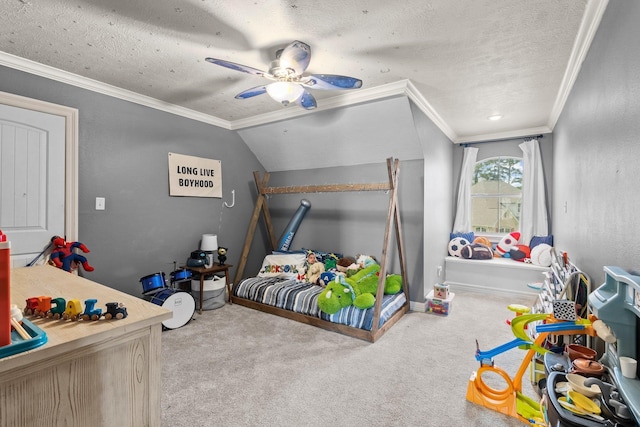 220 Idylwild Dr, Sour Lake, TX 77659 - carpeted bedroom featuring ceiling fan, baseboards, ornamental molding, and a textured ceiling