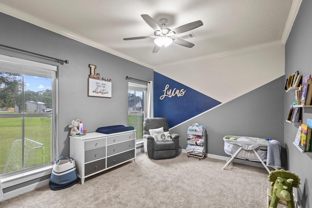 220 Idylwild Dr, Sour Lake, TX 77659 - bedroom featuring ceiling fan, carpet floors, baseboards, visible vents, and ornamental molding