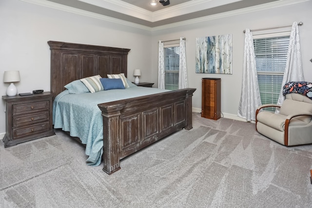 carpeted bedroom with ornamental molding