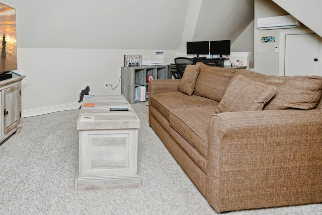 living room featuring light colored carpet, a wall unit AC, and vaulted ceiling