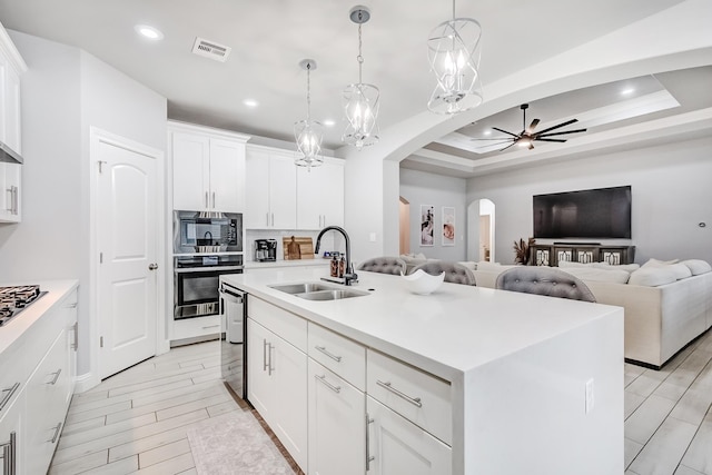 kitchen featuring white cabinets, a kitchen island with sink, appliances with stainless steel finishes, a tray ceiling, and sink