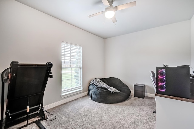 interior space featuring ceiling fan and carpet flooring