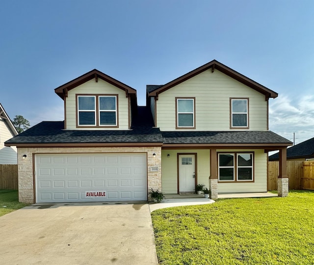 front of property with a front lawn, a porch, and a garage