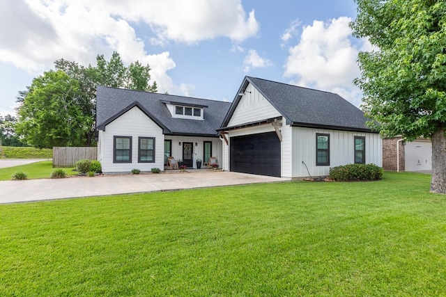 6715 Reese St, Beaumont, TX 77708 - modern farmhouse style home with an attached garage, roof with shingles, and a front lawn