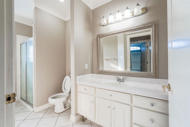 bathroom featuring vanity, tile patterned floors, an enclosed shower, and crown molding