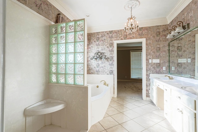 bathroom featuring a tub to relax in, ornamental molding, vanity, an inviting chandelier, and tile patterned flooring