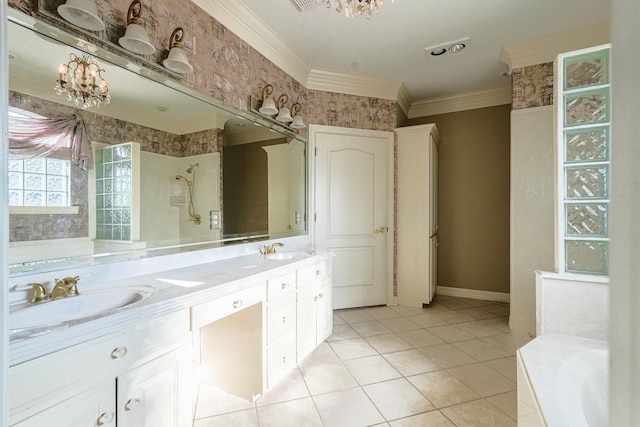 bathroom featuring crown molding, tile patterned flooring, vanity, and plus walk in shower