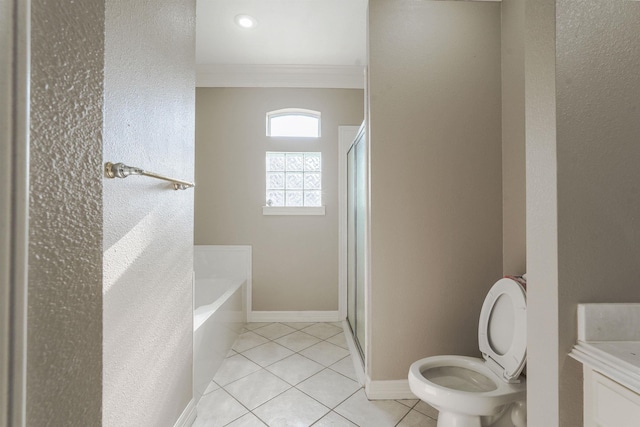 bathroom featuring tile patterned flooring, independent shower and bath, toilet, and ornamental molding