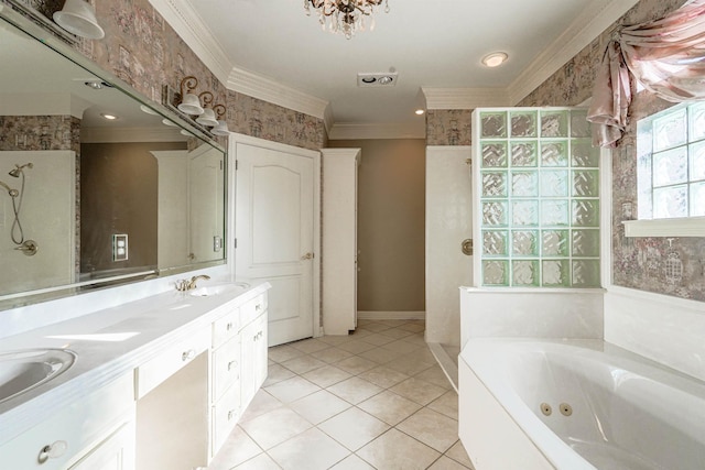 bathroom with tile patterned flooring, vanity, separate shower and tub, and crown molding