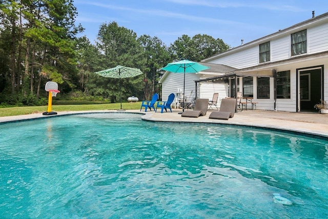 view of swimming pool with a patio area