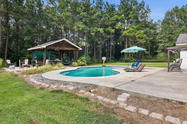 view of swimming pool featuring a gazebo, a lawn, and a patio