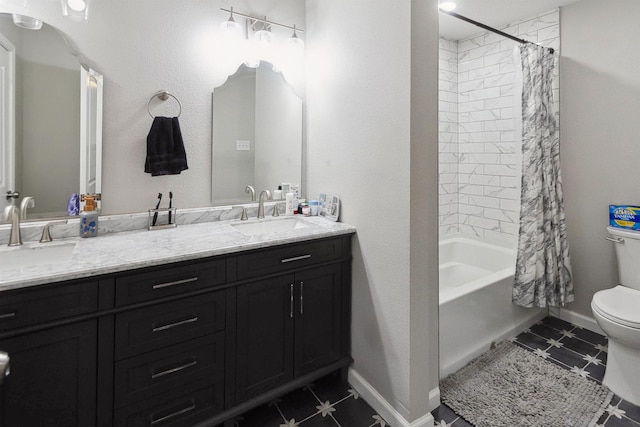 full bathroom with tile patterned flooring, vanity, shower / bath combo, and toilet