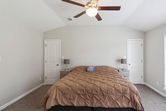 bedroom featuring carpet flooring, ceiling fan, and vaulted ceiling