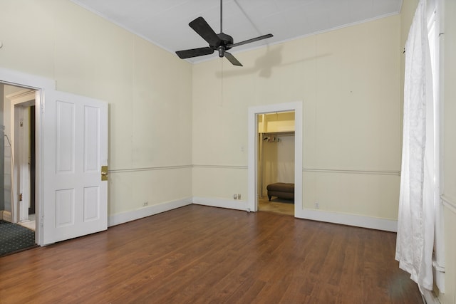 unfurnished bedroom with a walk in closet, ceiling fan, dark hardwood / wood-style floors, and a closet