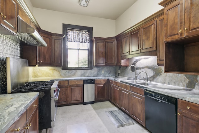 kitchen featuring sink, decorative backsplash, black dishwasher, and dark brown cabinetry