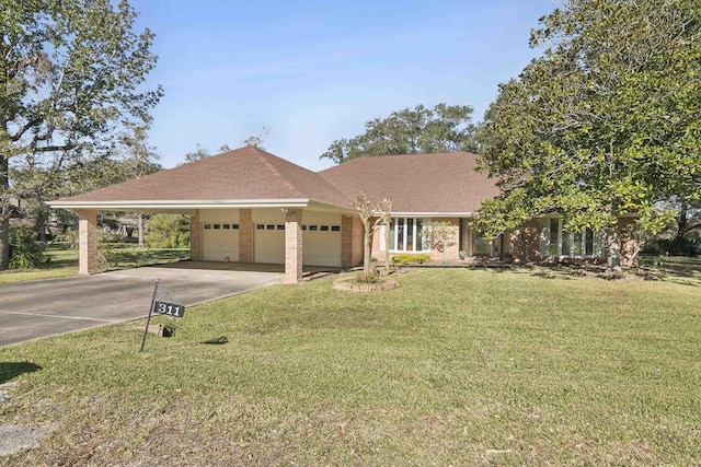 single story home with a front lawn, a garage, and a carport