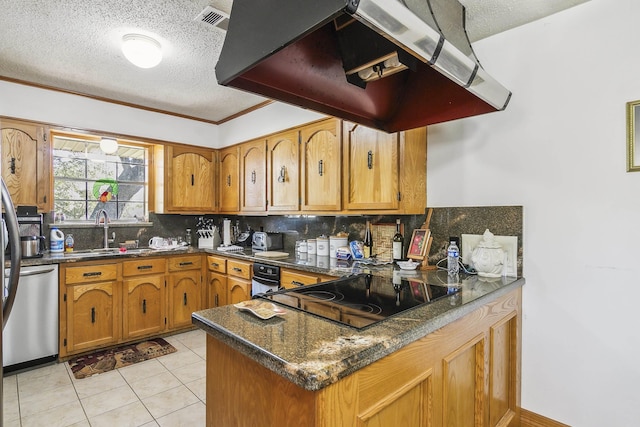 kitchen with sink, dishwasher, black electric cooktop, island range hood, and light tile patterned flooring