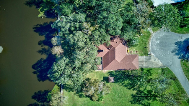 drone / aerial view featuring a water view