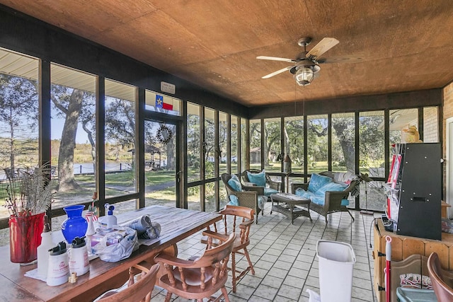 sunroom with ceiling fan and wooden ceiling