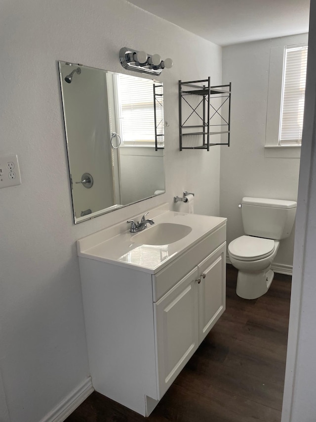 bathroom with vanity, toilet, and wood-type flooring