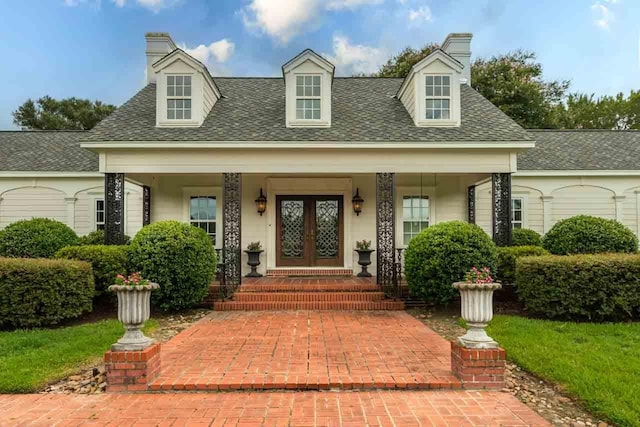 cape cod house with french doors and covered porch