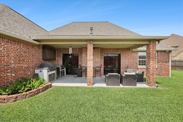 3113 Labrador Ln, Port Neches, TX 77651 - rear view of house with brick siding, a shingled roof, a patio area, and a yard