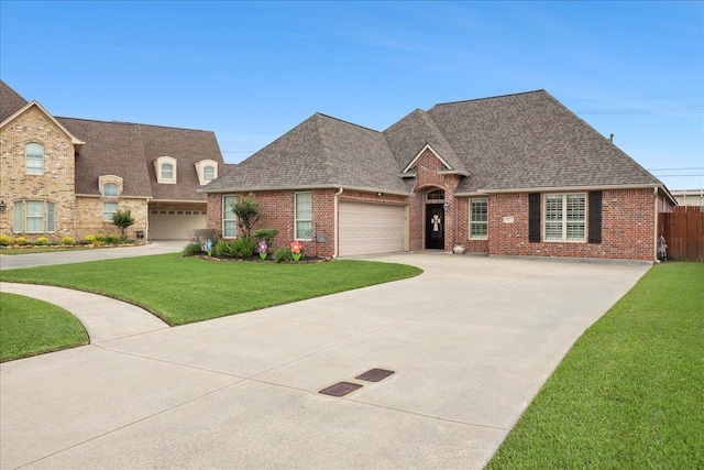 3113 Labrador Ln, Port Neches, TX 77651 - french country home with a garage, a front lawn, roof with shingles, brick siding, and driveway